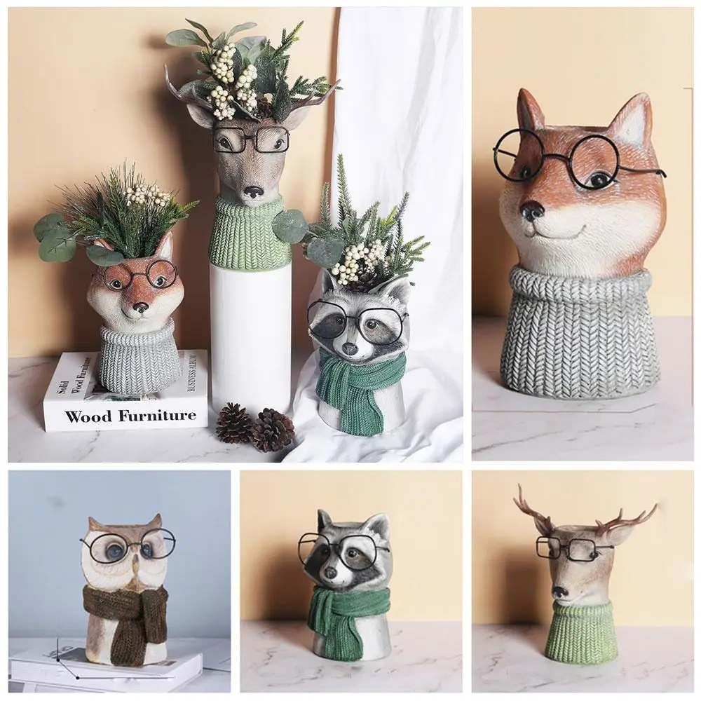 

Resin Animal with Glasses Flower Vase Breathable Owl Deer Raccoon Animal Head Statue Pots Cute Realistic