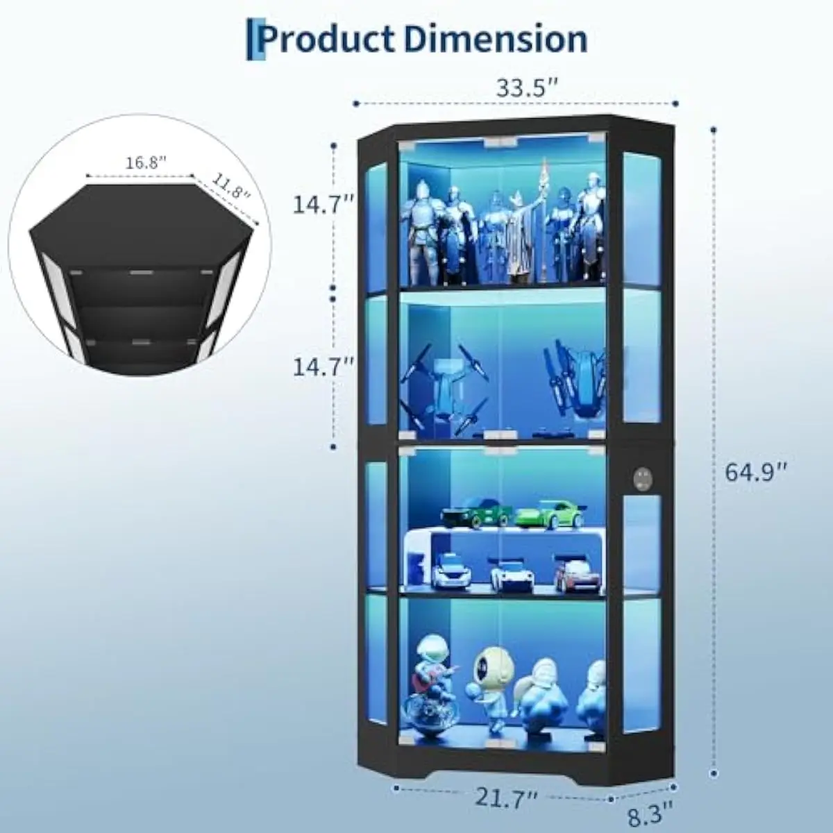 Hexagonal Display Cabinet with Tempered Glass Doors Corner-Fit Design USB Type-C Charging Ports Smart Motion-Sensor LED Lighting