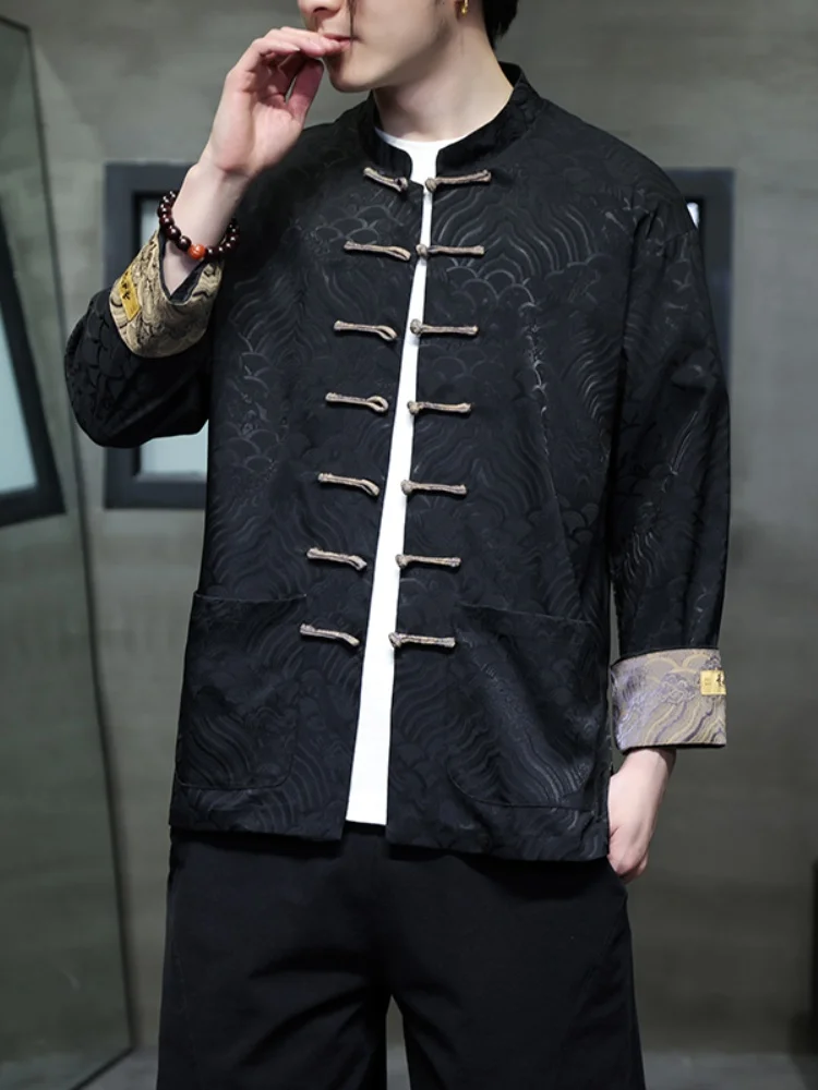 

Новая мужская рубашка в китайском стиле с длинным рукавом, весенняя тонкая, высококачественная, в стиле танского костюма, с воротником-стойкой, на пуговицах, верхняя одежда/куртка