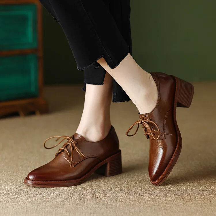 EAGSITY Retro style Cow Leather oxford shoes women's shoes pointed toe derby chunky heel fashion ladies block heel footwear
