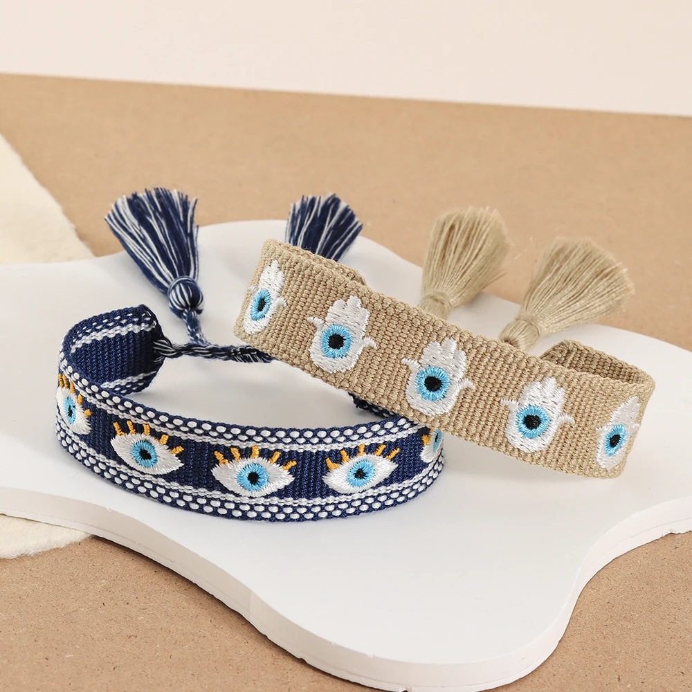 

Fashion Woven Bracelets Stackable Evil Eyes Embroidered Tassel Bracelets Everyday Style