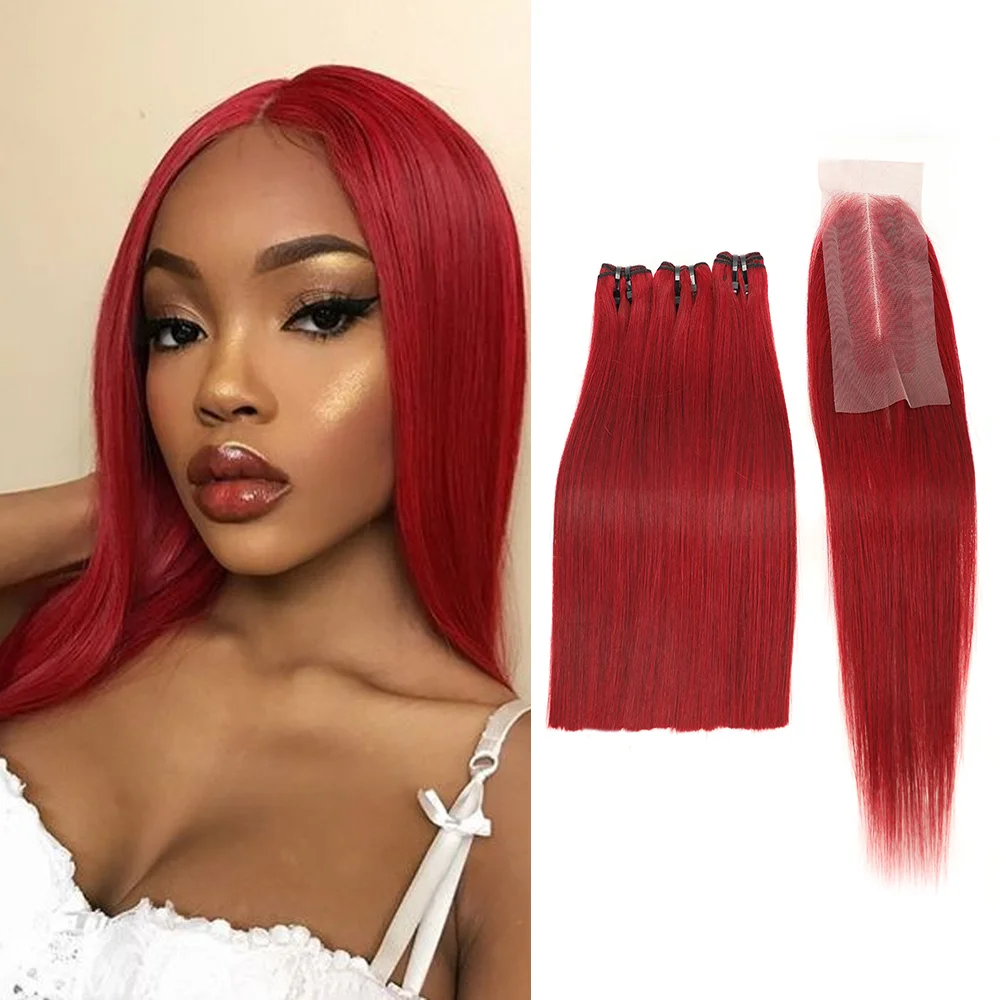 

99J Bone Straight Weave Bundles with 2x6 Lace Kim K Closure Burgundy Red Hair Bundles Deal Vietnamese Raw Human Hair Bundles