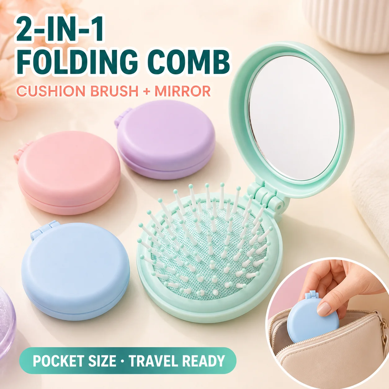 2-in-1 Folding Hair Brush with Mirror, Portable Mini Air Cushion Detangling Massage Comb for Women Girls Travel Purse Makeup Bag