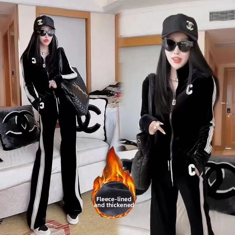 

Велюровый спортивный костюм для женщин: модный повседневный комплект из двух предметов, осенне-зимний новый стиль, брюки с высокой талией