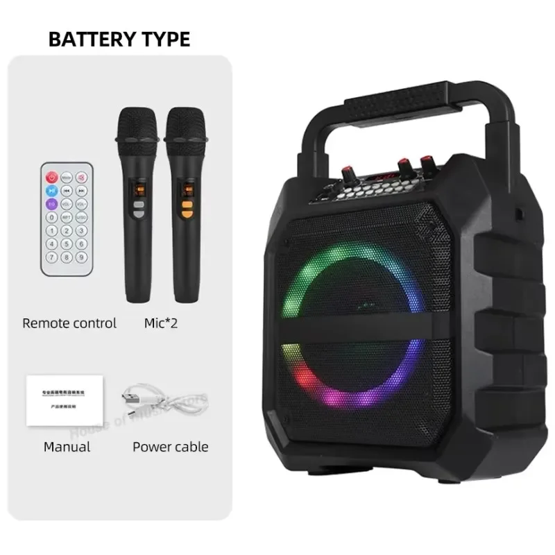 Mesin Karaoke portabel dengan 2 mikrofon nirkabel lampu warna LED dan speaker Bluetooth genggam untuk sistem PA dewasa dan anak-anak