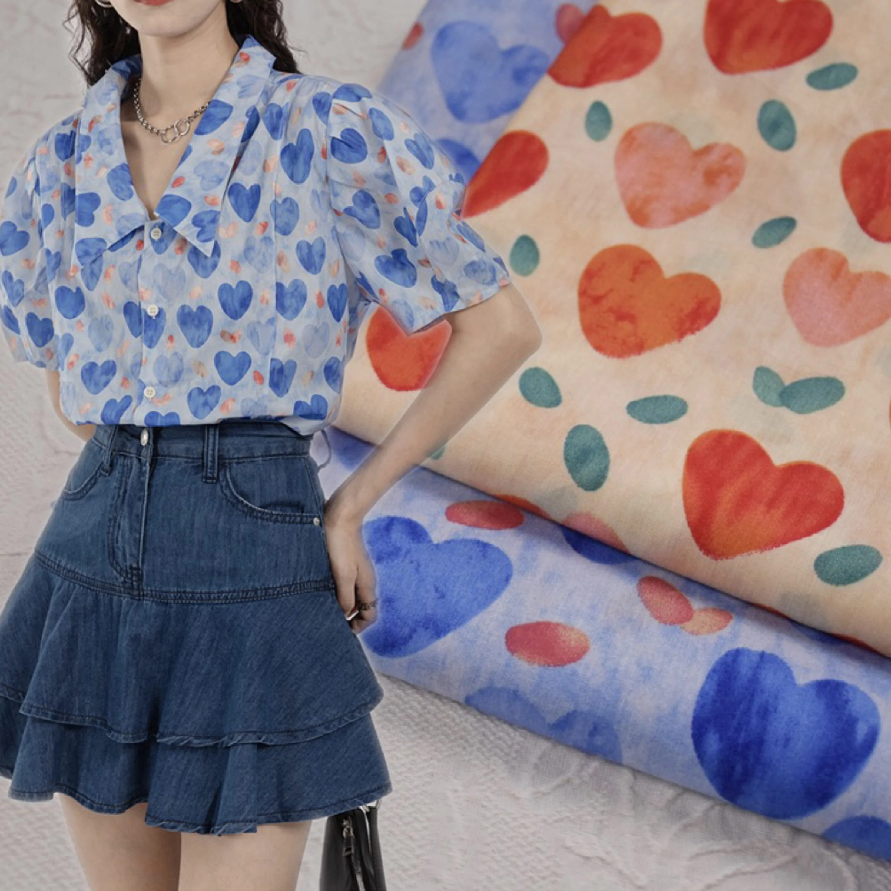 Impressão Digital Tecido para Pano de Costura, Rosa, Azul, Peach Heart, 100% Algodão, 60S Liberdade, Vestidos, Saia, Crianças, Baby Designer