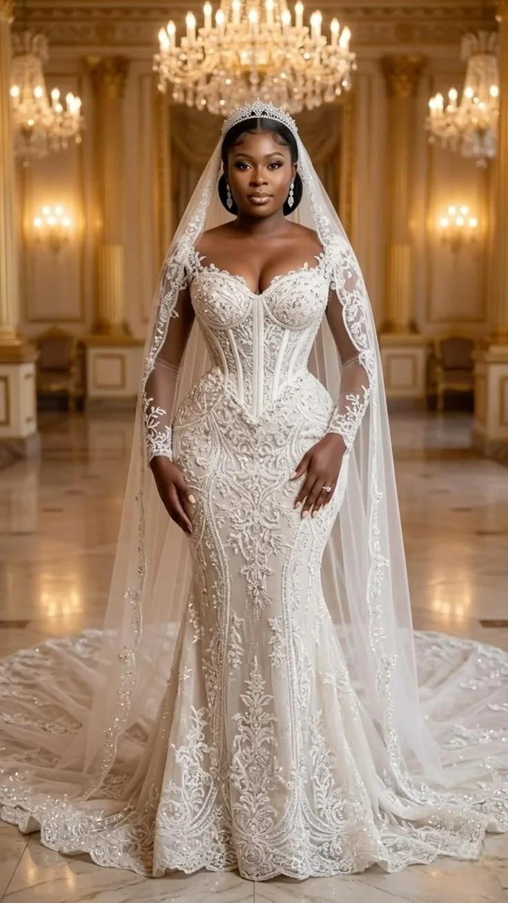 Luxuriöses weißes Meerjungfrau-Hochzeitskleid mit sexy Herzausschnitt, langen Ärmeln, Spitzenstickerei, afrikanisches Brautkleid, individuell anpassbar
