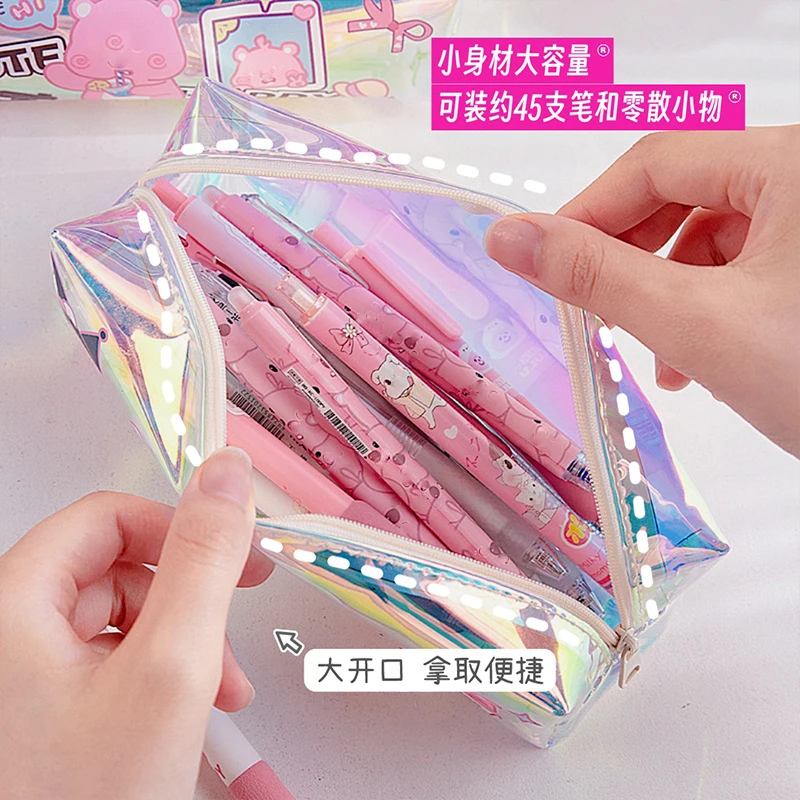 Disney Stitch Laser Pencil Case Single Layer Waterproof Transparent Pen Bag Cartoon Eraser Ruler Storage Bag Kids Stationery