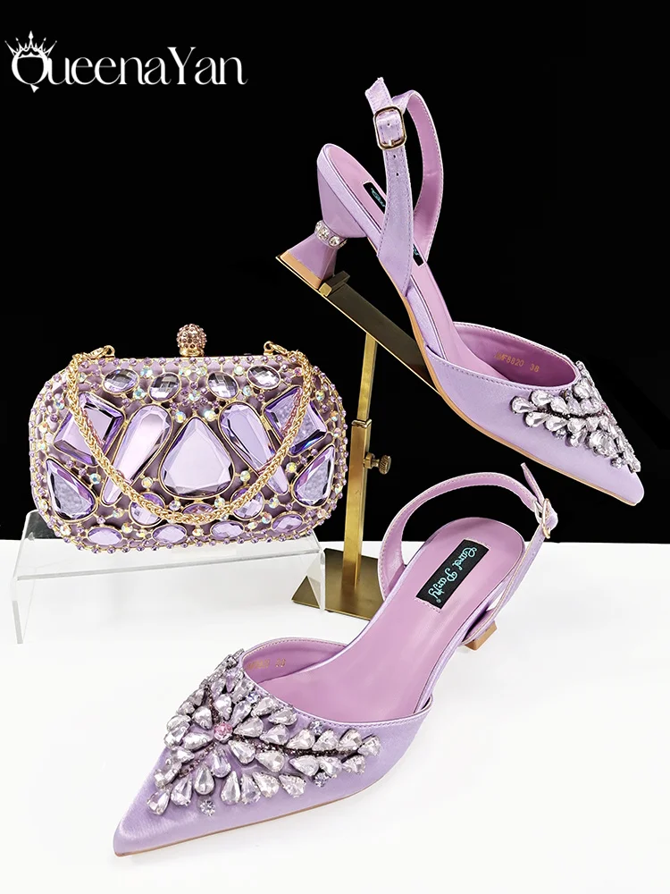

Queena Yan Elegant Lilac Color Rhinestone Decoration Design Pointed Toe Lady High Heels and Bag Set for Party Wedding