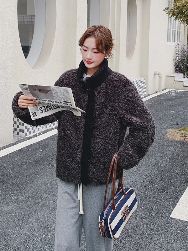 Ladies' Knitted ort Lamb Fur Jaet Collar up Winter Casual Sle Thiened Long Sve Zipper Closure Coat Fem Lamb Velvet