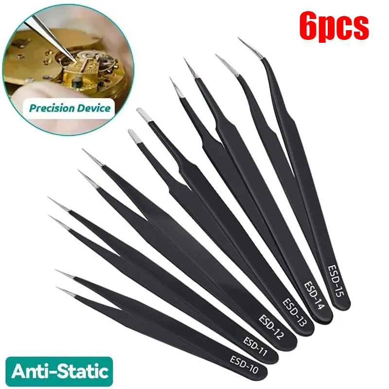 

6pcs ESD Stainless Steel Anti-Static Tweezers Precision Electronics Repair Soldering Craft Tools For Watch Jewelry Laboratory