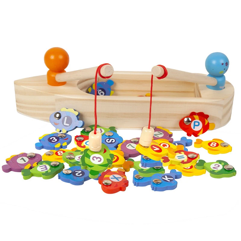 Barco de madera para niños, juguetes de pesca magnéticos, matemáticas de dígitos, juguetes educativos alfabéticos, regalo divertido para niños al aire libre