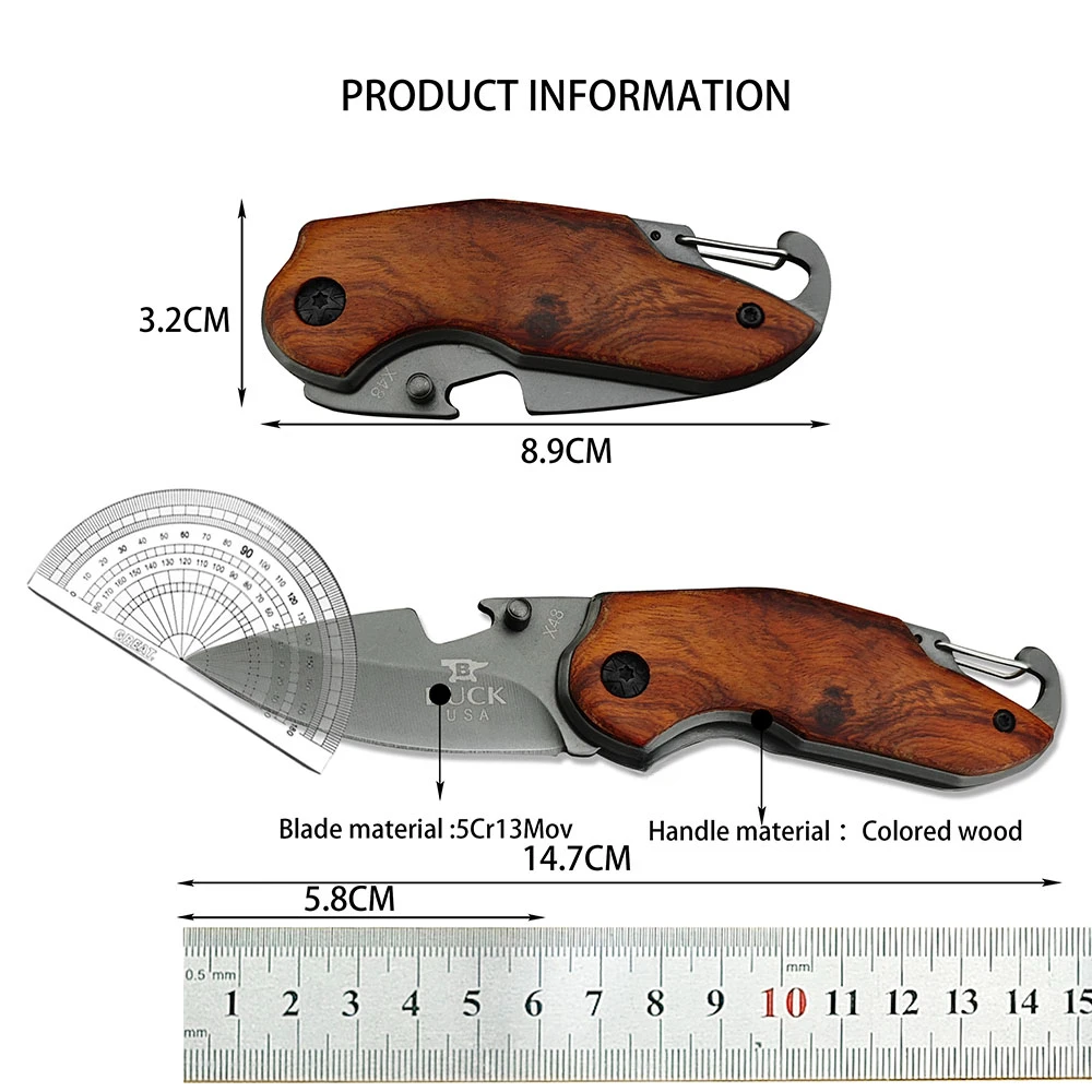 BK X48 Tactical Pocket Knife Wooden Handle 5Cr13Mov Steel Blade Outdoor EDC Folding Kinfe for Camping Hiking Self-denfense