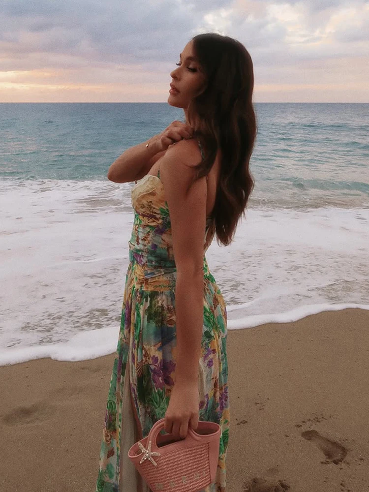 Sisterlinda Monell Floral Print Dress Stunning Summer Hipster Shirring Hollow Sleeveless Splitted Maxi Bodycon Female Attirewear