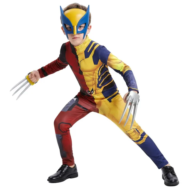 Kostium Wolverine dla dzieci, z nadrukiem superbohaterów z filmów fantasy, z zamkiem błyskawicznym, strój cosplay, kombinezon, maska na Halloween, kostium na występy, imprezę, pazury.