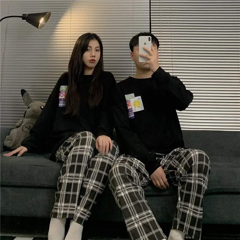 Casual Loose Pajamas Couple Dress Summer and Fall Black Long-sleeved Pants Models Men\'s Home Clothing Men Can Be Worn Outside