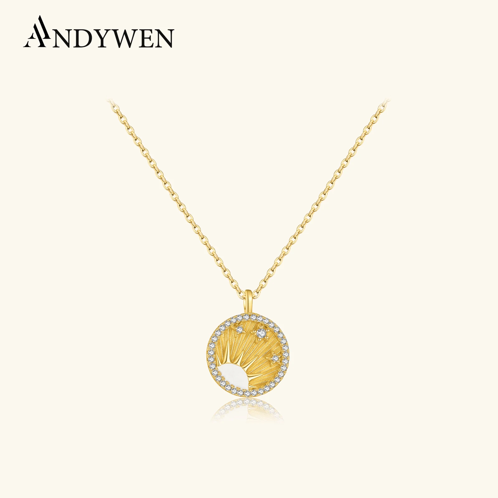

ANDYWEN стерлингового серебра 925 пробы, золото, круглый кулон с цирконом CZ, длинная цепочка, ожерелье, 2024, роскошные новые женские изящные свадебные украшения