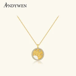 ANDYWEN 925 Sterling Silver Gold Round CZ Zircon Pendant Long Chain Necklace 2025 Luxury New Women Dainty Wedding Jewelry