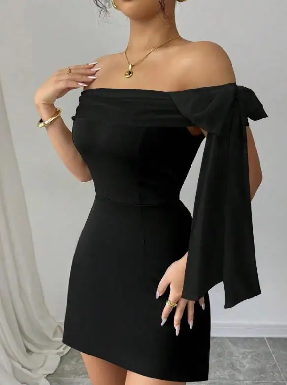 

2026 New Elegant Temperament Sexy Mature Lady One Shoulder Patchwork Ribbon Black Slim Fit A-Line Short Dress