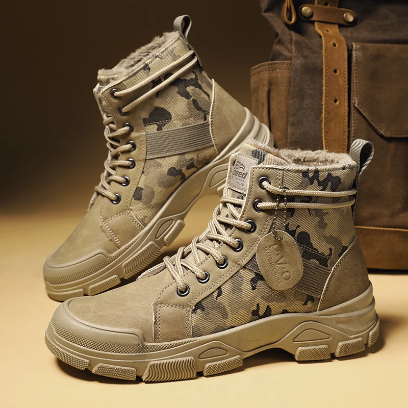 New Men's Winter Camouflage Ankle Boots Fur Lined Warm Non-Slip Outdoor Tactical Work Boots for Male