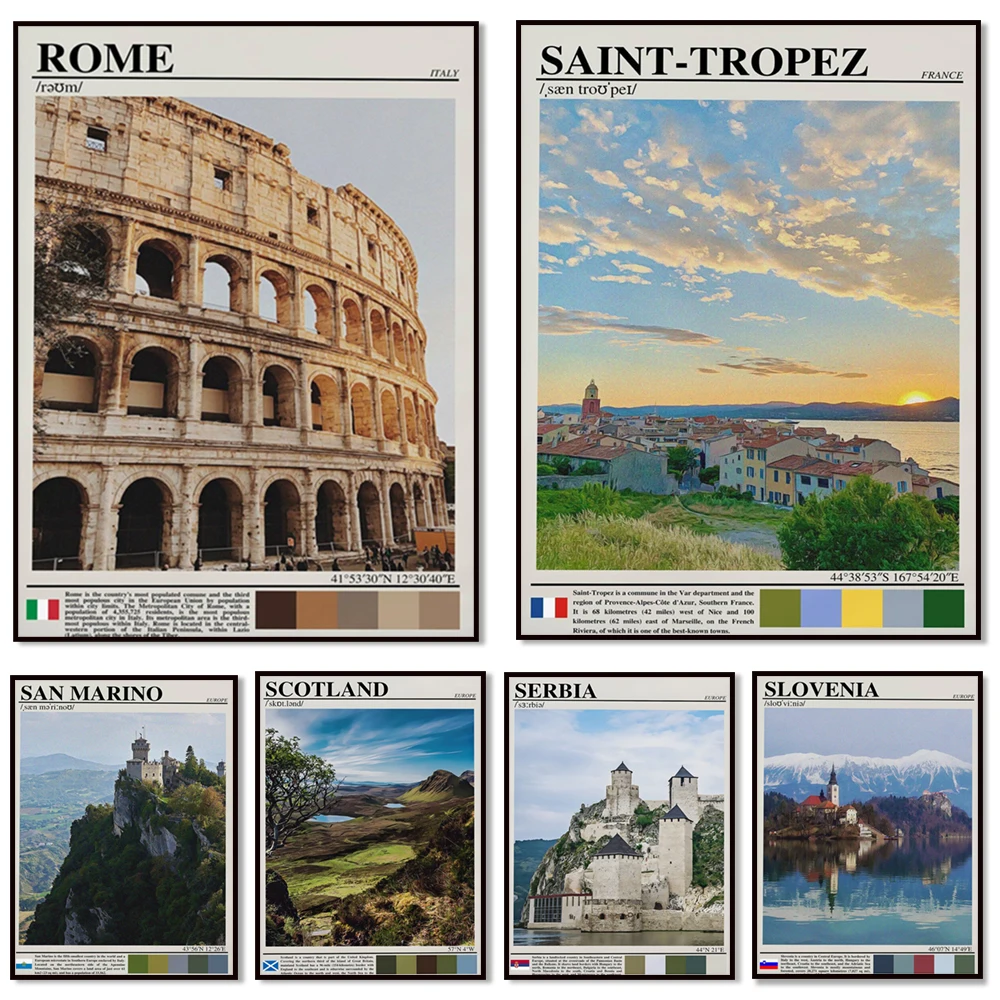 Transylvania, Saint Tropez, San Marino, Scotland, Serbia, Slovenia, Spain, Croatia, Sweden, Rome Italy travel city poster