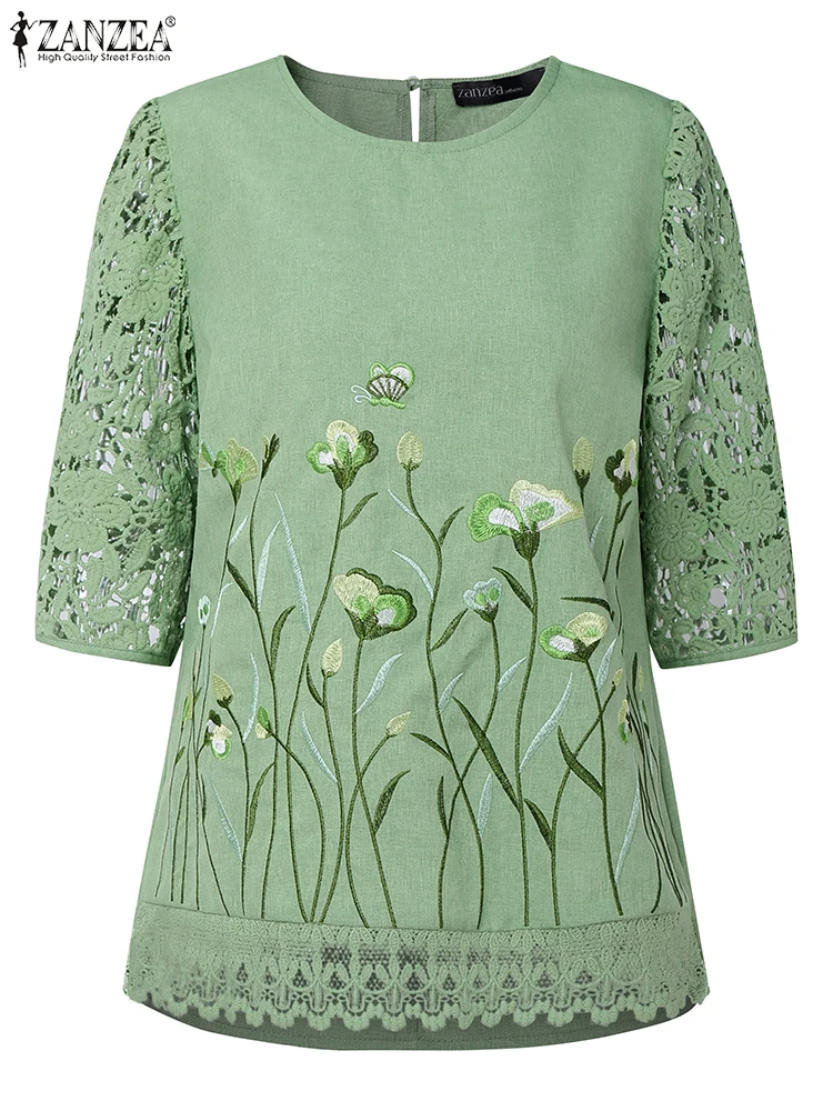 ZANZEA Women Embroidery Blouses Vintage Floral Tops 3/4 Sleeve O Neck Summer Blusas 2025 Elegant OL Tunics Casual Loose Pullover