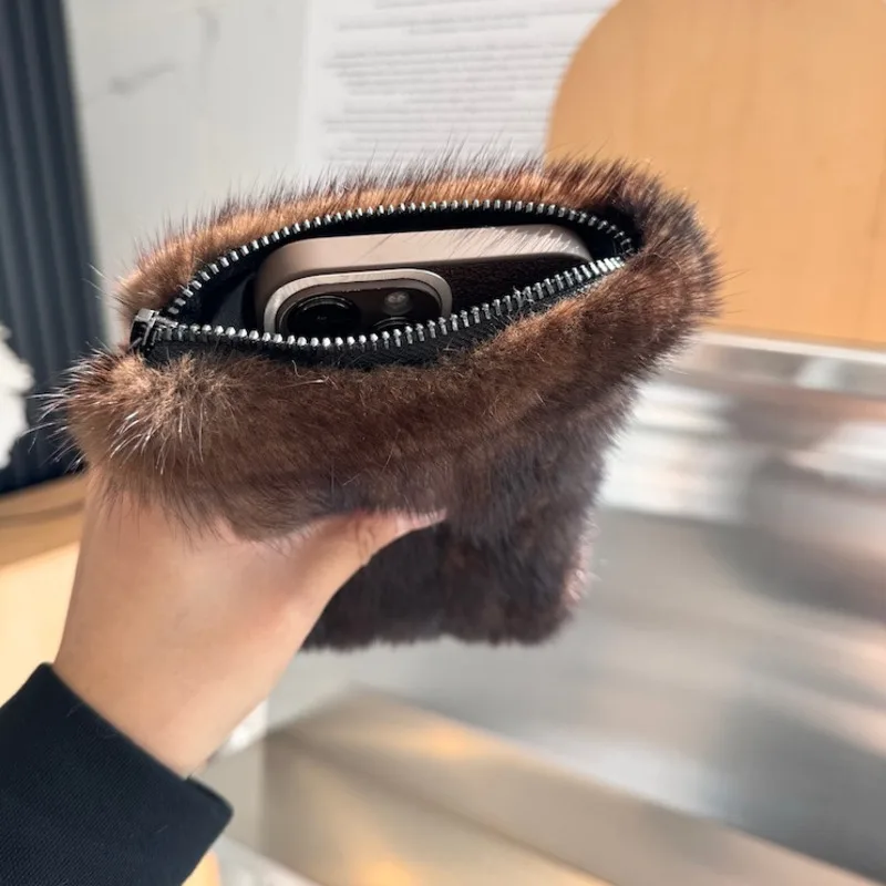 Real Mink Fur Bag For Women Casual Mini Fur Phone Bag Female Fluffy Fur Handbag Natural Fur Message Bag Evening Bags Ladies