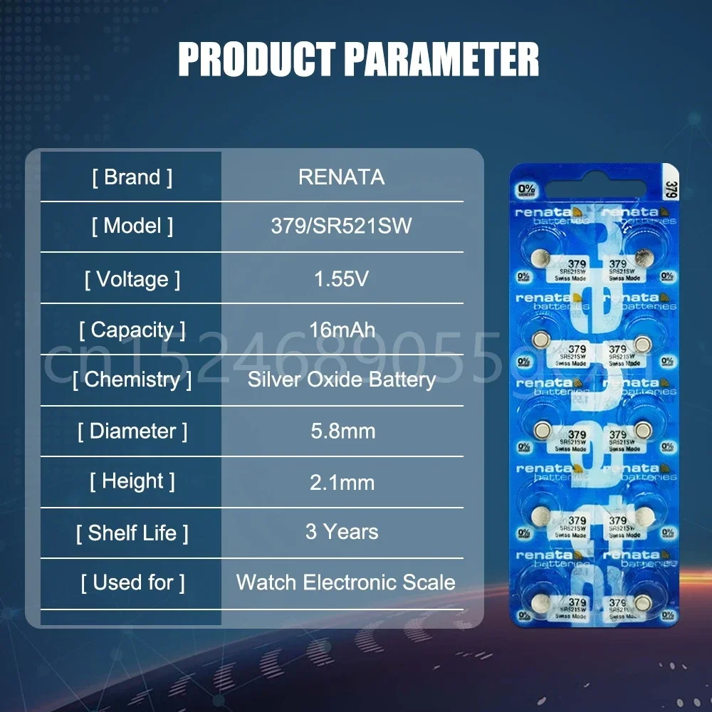 Renata 379 SR521SW AG0 D379 SR63 V379 1.55V แบตเตอรี่เงินออกไซด์สําหรับนาฬิกาของเล่นกล้องนาฬิกาปลุก Swiss Made ปุ่มเซลล์