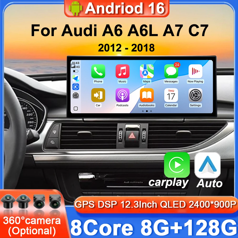 Für Audi A6 A6L A7 C7 2012-2018 Android 16 12,3-Zoll Touchscreen Auto-Carplay Stereo-Radio Auto-Monitore Multimedia GPS-Navigation