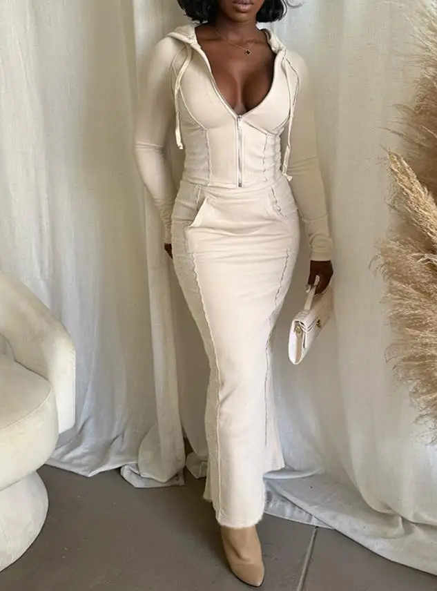 

2023 Elegant Sexy Autumn Winter Stylish Plain Two-Piece Set Hooded Drawstring Sweatshirt Casual Slim Fit Skirt Sets with Pockets