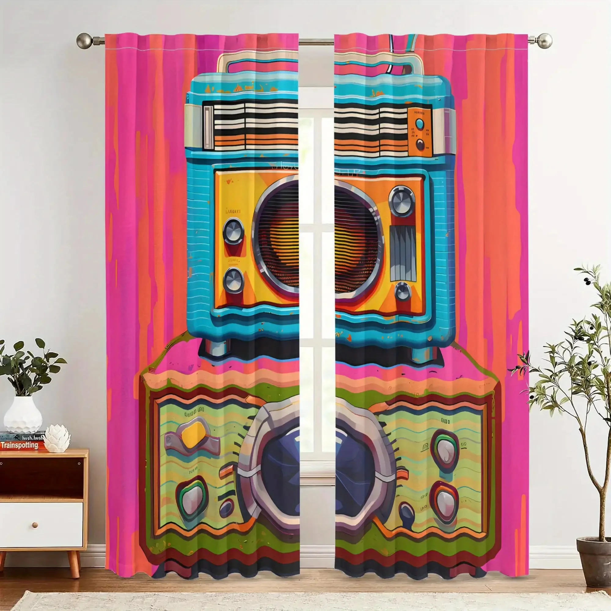 Vintage Phonograph Cassette Tape Design Blackout Curtain - Retro 80s Music Theme with Pink & Multicolor Retro Print, Machine Was