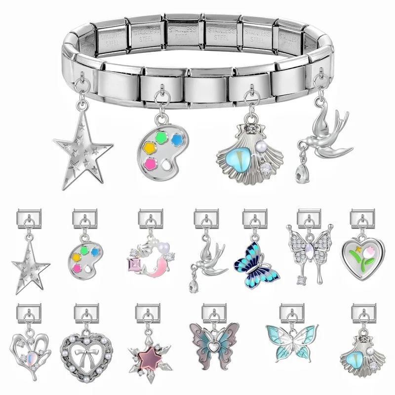 New Colorful Enamel Butterfly Heart Tulip Italian Charm Links pendant Fit 9MM Stainless Steel Bracelet Jewelry DIY Making Gifts