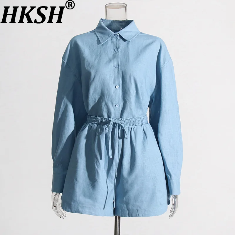 

HKSH Fashion Simple Style Casual Shirt Set 2025 Summer New High-End Turn-Down Collar Solid Color Top High-Waisted Shorts HK8308