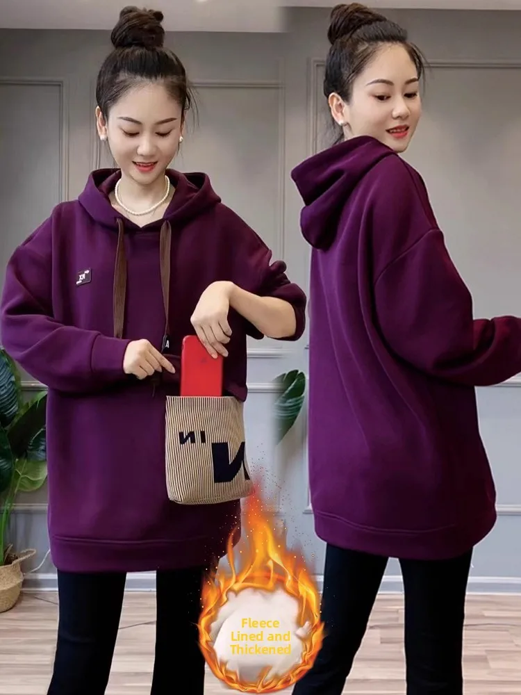 

Утепленная флисовая толстовка с капюшоном для женщин, средней длины, теплая, новая зимняя модель, повседневная удобная женская кофта с длинным рукавом