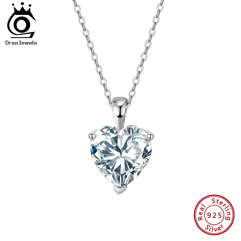 ORSA JEWELS S925 Silver Necklace For Women D Color Heart Moissanite Diamand Pendant Engagement Wedding Jewelry Gift SMON08