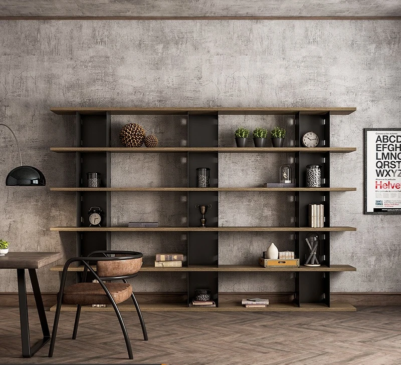 رف كتب من الحديد المطاوع على الطراز الصناعي من الأرض إلى السقف، قسم مكتبي للتخزين من الخشب الصلب