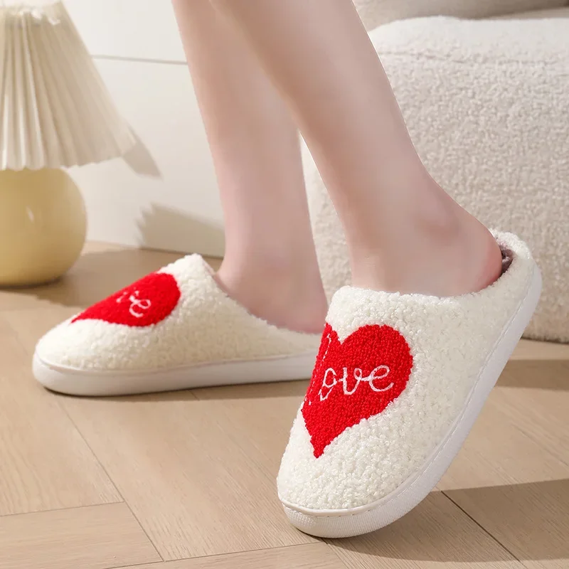 Cartoon Love Pattern Winter Slippers Men Women Cozy Warm Soft Sole Flat Plush Cotton Shoes Valentine's Day Home Slippers 2024