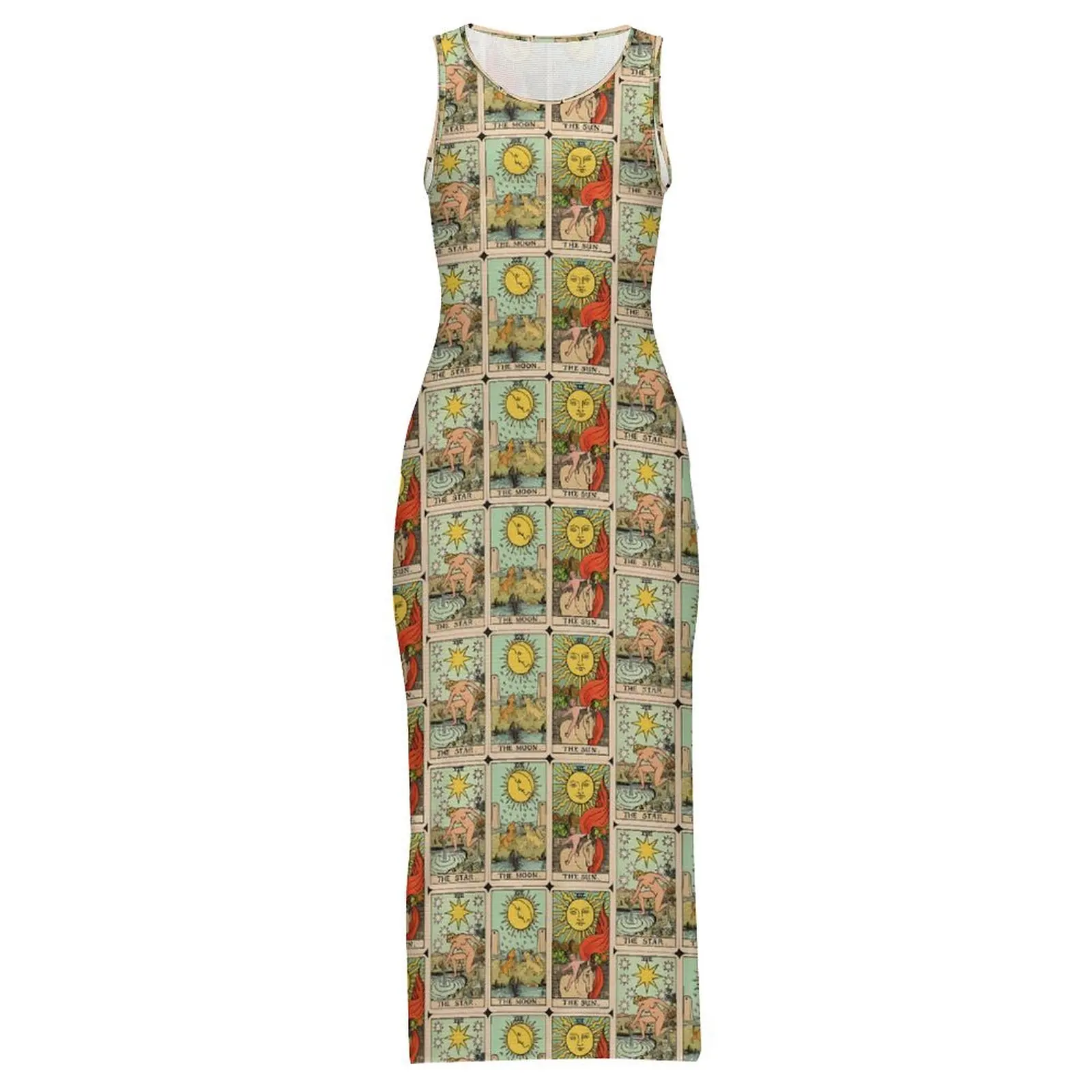 女性ボディコンドレスナイトクラブヴィンテージタロットカードマキシドレス夏日月星ノースリーブストリートファッショングラフィックドレス