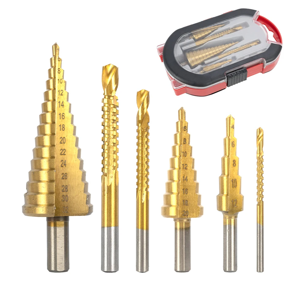 6-teiliges Titanbeschichtetes Stufenbohrer-Set, 4-12mm 4-20mm 4-32mm 3-6-8mm Sägefräser, Lochöffner für Metall- und Holzarbeiten – Detail 7