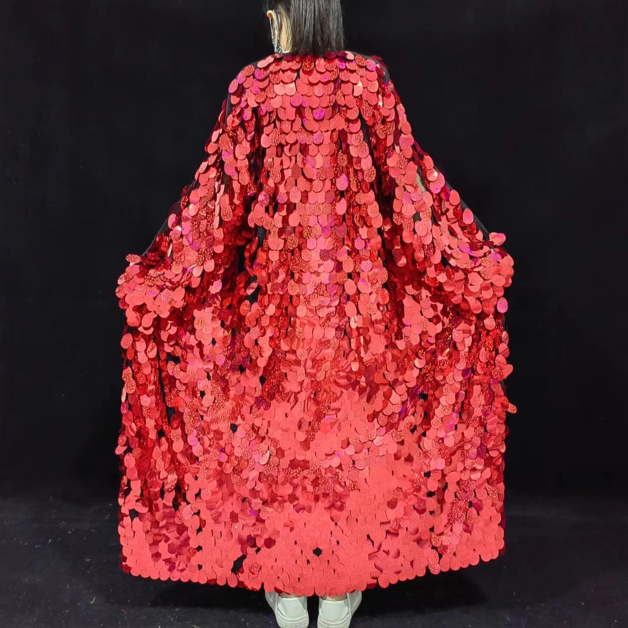 Shining Red Sequins Long Cloak Mesh Coat Singer Model Catwalk Overcoat Dance Costume Bar Stage Punk Hip Hop Performance Clothing