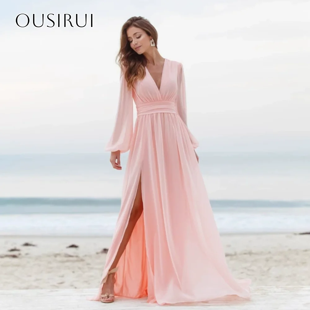 

Шифоновое платье для выпускного вечера трапециевидной формы с v-образным вырезом и пышными рукавами, длиной до пола, плиссированное вечернее платье по индивидуальному заказу robe de mariée