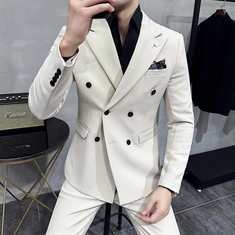 

Men's Suits ( Blazers + Pants ) Boutique Fashion Solid Color Double-breasted Men's Casual Business Slim Suit 2-piece Set