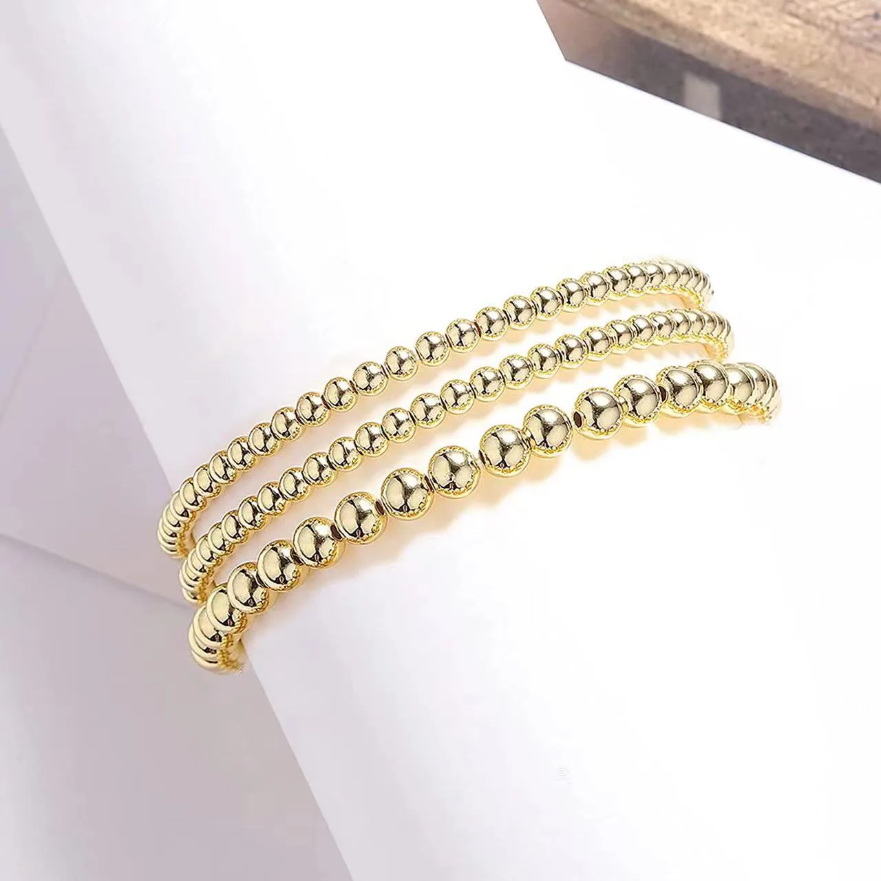 Badu 3pcs/set Gold Color Beads Bracelet for Women 14k Gold Plated Beaded Handmade Stretch Elastic Bracelet Jewelry Gifts