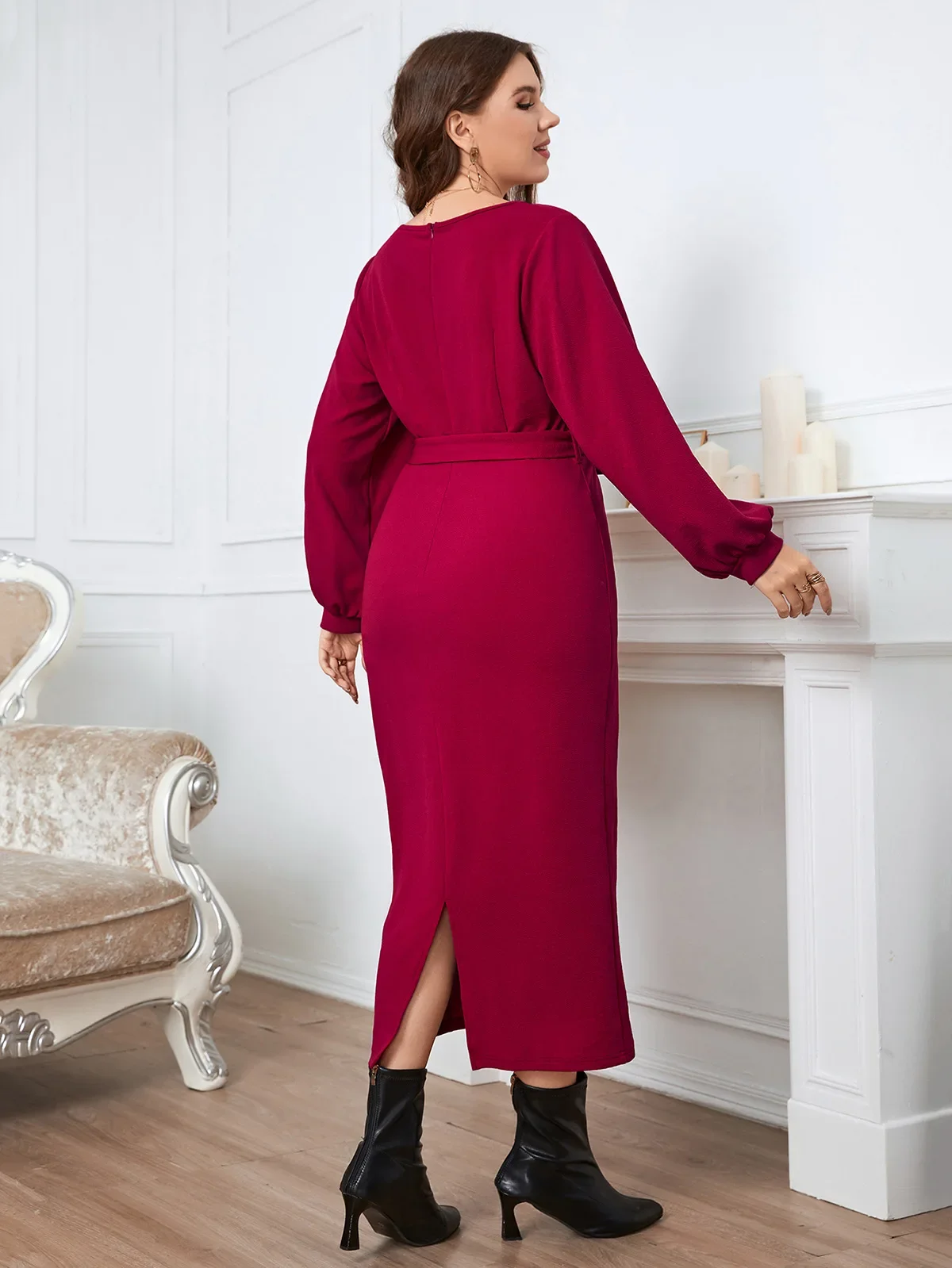 Plus Size Spring Elegant Wrap V Neck Women Dress Office Long Sleeve Solid Color Self Belt Tie Dresses 4XL Maxi Vestidos Robe