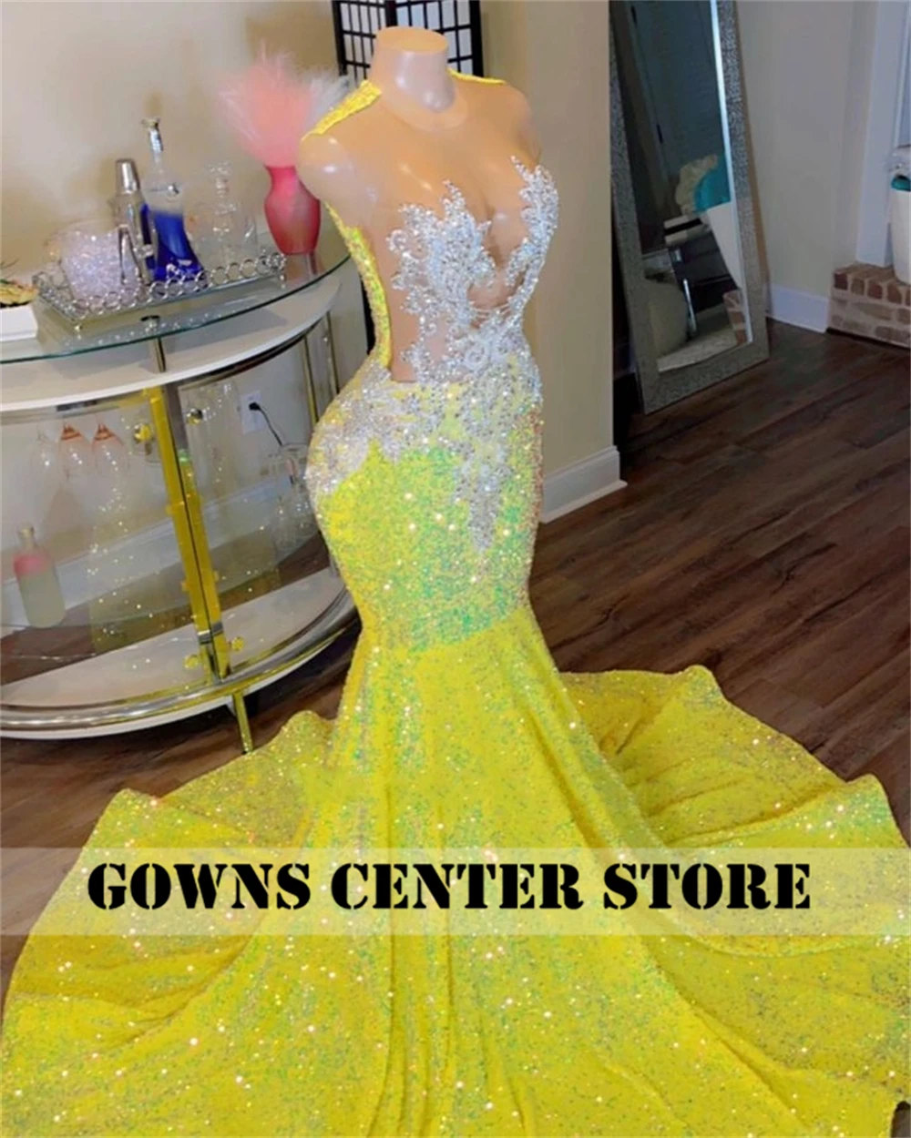 Yellow Sequined Mermaid Prom Dresses 2024 For Black Girls Gala African Sparkly Birthday Dress Wedding Evening Gowns Customized