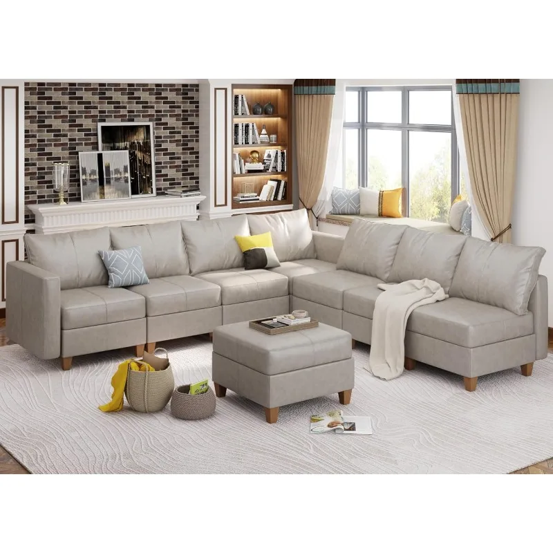 Modular Sectional Sofa with Storage Ottomans, L Shape Leather Sectional Couch Convertible Sleeper Sofa Bed with Reversible