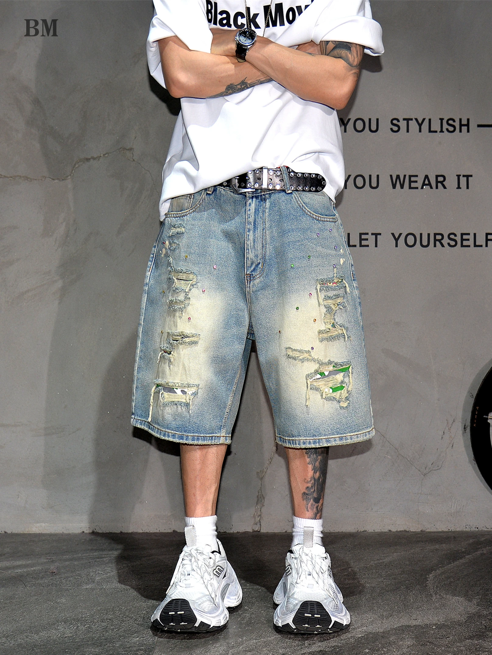 Shorts de mezclilla azul rasgados para hombre, estilo americano moderno con pedrería, holgados, de corte recto, estilo bermuda, ropa urbana, jeans hip hop de verano.