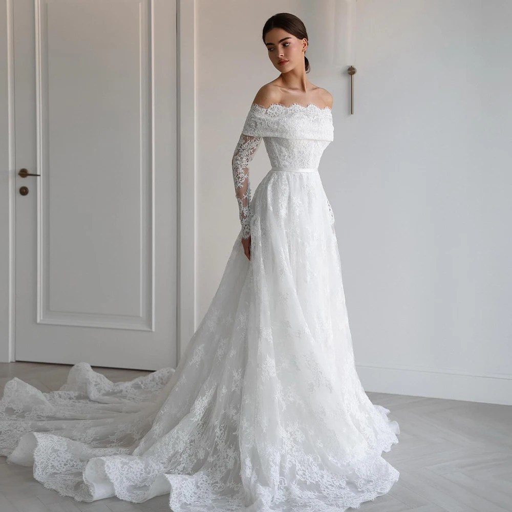 

Exquisite Wedding Dressers Off Shoulder Illusion Long Sleeve A-Line Brides Dress S weep Train White Lace Bridal Gown Customized
