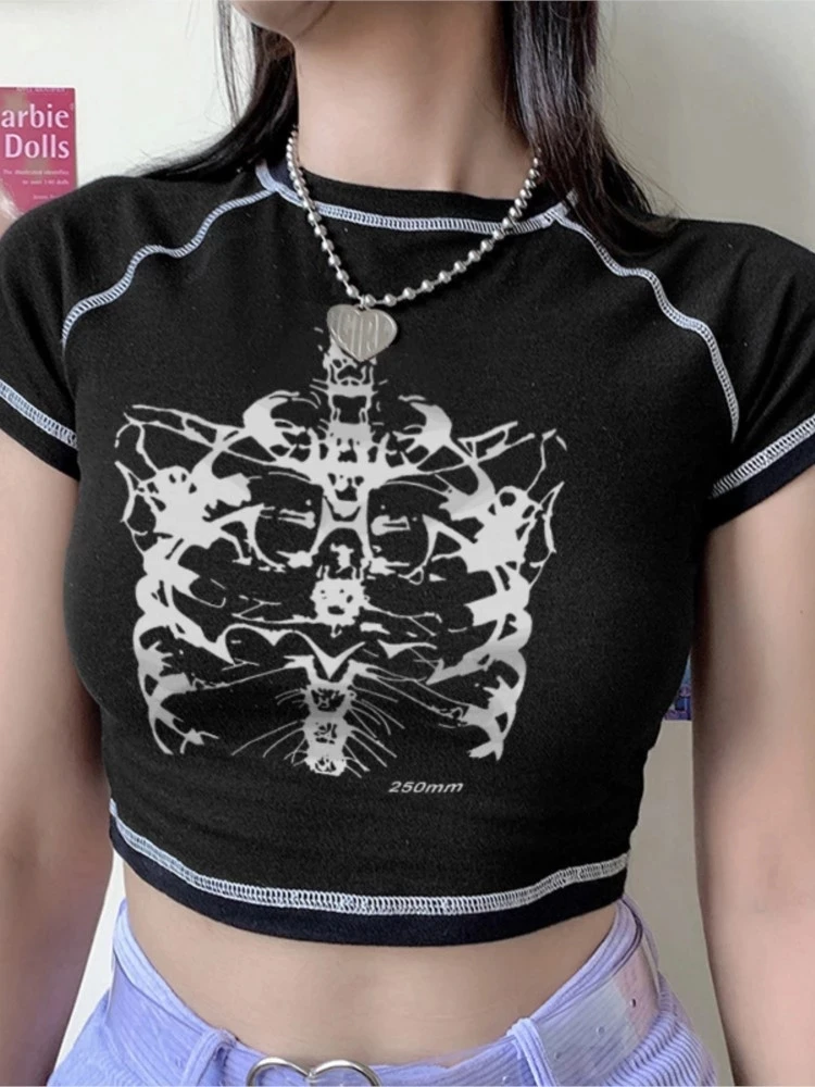 Aesthetic skeleton women\'s T-shirt Harajuku Y2K black sweet girl slim skull print fun vintage graphic clothes crop top E-girl