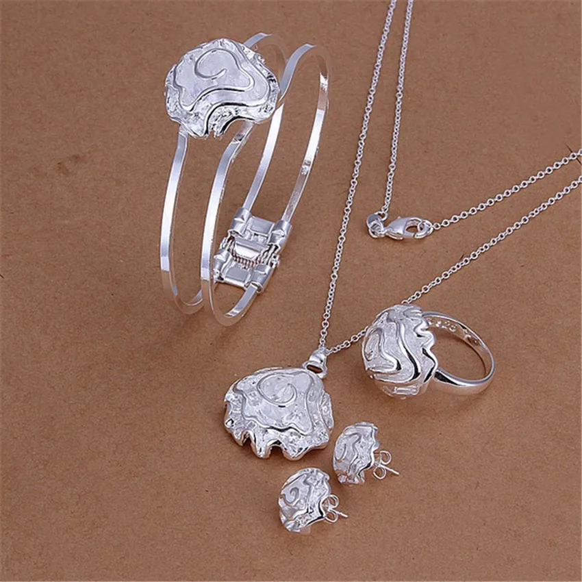 

925 Sterling Silver Fashion beautiful rose flower pendant bangle Bracelet necklace ring earring stud Jewelry set for women gifts